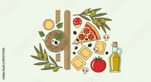 Mediterranean cuisine ingredients and dishes illustration.
