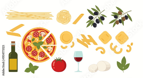 Assorted Italian food items including pizza, pasta, cheese, wine, and olives.