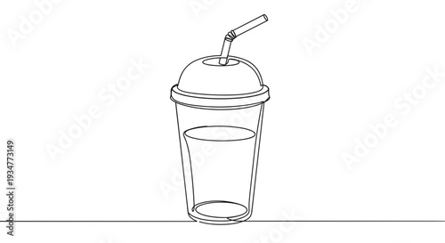 Outline vector illustration of a drink cup with a straw isolated on transparent background