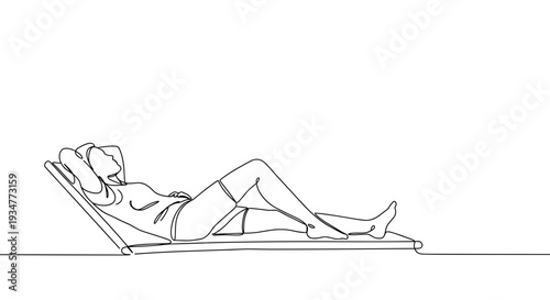 Outline vector illustration of a woman relaxing on a beach chair under the sun on a clear day, enjoying leisure time on a transparent background