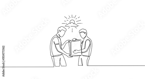 Outline vector illustration of two men exchanging a box in a sunny outdoor setting with rays of light in the background on a transparent background