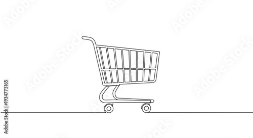 Outline vector illustration of a shopping cart isolated on white background for retail, e-commerce, and business. Simple design, monochrome style, side view, minimalistic.