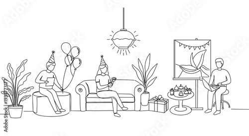 Outline vector illustration of three people celebrating a birthday in a cozy indoor setting with balloons, gifts, and plants on a transparent background