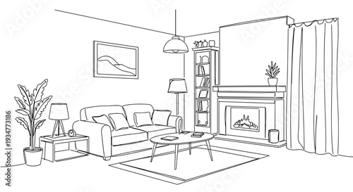 Outline vector illustration of a cozy living room scene with a sofa, fireplace, plant, and lighting on a transparent background