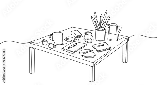 Outline vector illustration of a coffee table with a mug, notebook, glasses, and plants on a transparent background