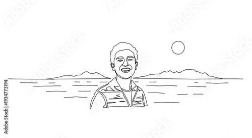 Outline vector illustration of a person standing with arms crossed at sunset in a scenic landscape with mountains on a transparent background