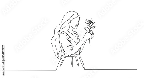 Outline vector illustration of a woman holding a flower in a peaceful pose on a transparent background with simple line art style.