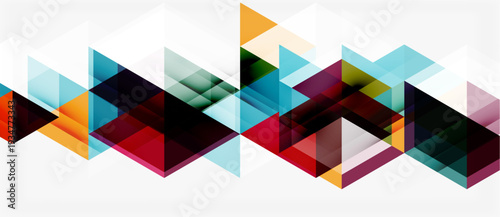 Abstract geometric shapes overlap, creating vibrant colorful pattern. White background emphasizes dynamic design elements.