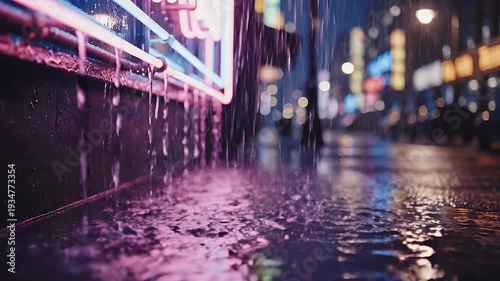 Wallpaper Mural Neon lights reflect on wet pavement as rain falls in a city at night Torontodigital.ca