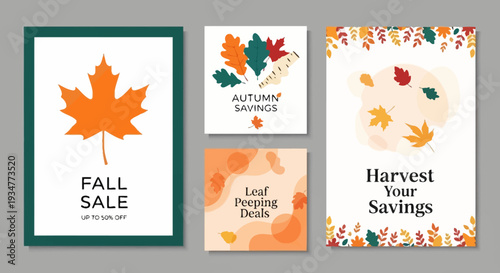 Autumn themed sale posters with leaf decorations and savings promotions.