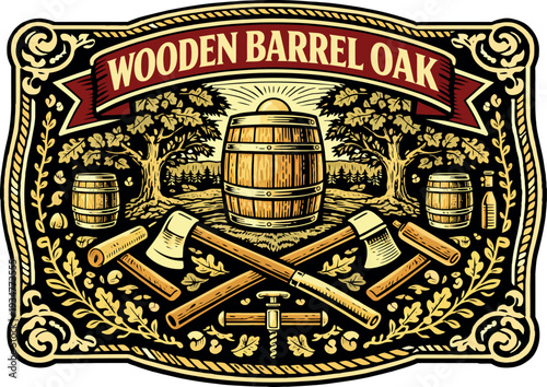 Wooden Barrel Oak Vintage Badge Vector Art