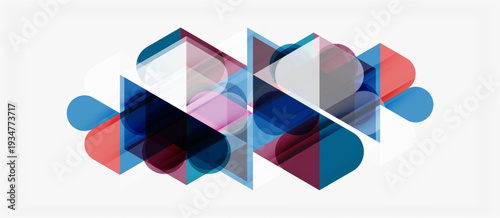 Abstract geometric shapes overlap, creating layered visual effect. Blue, red, purple hues dominate composition. Modern design.