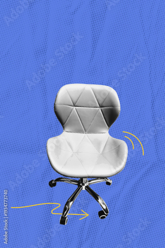 Employee turnover concept. Collage halftone empty office chair moving away, vacancy position and workforce mobility in corporate workplace. Vector illustration
