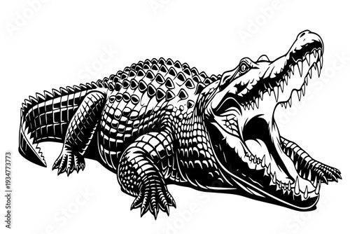 Nile Crocodile Sunning with Open Jaws Riverbank Safari Reptile Predator African Wildlife Black Vector