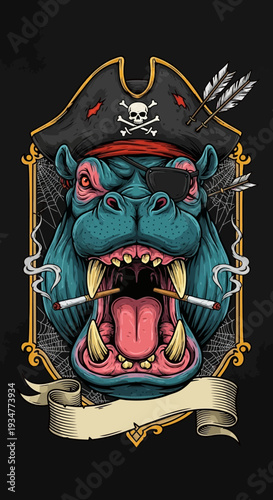 Pirate Hippopotamus Illustration with Cigar and Eye Patch.