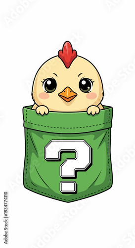 Cartoon Chicken in Green Pocket with Question Mark.