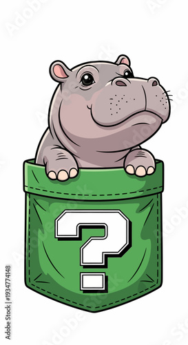 Cartoon Hippo Emerging from Green Pocket.