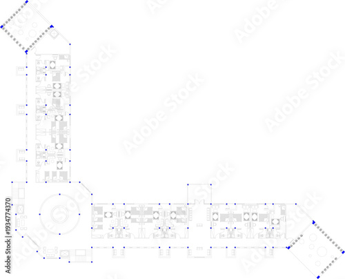 Technical architectural floor plan showing a large complex building layout with long wings of rooms, a central circular feature and angled sections in faint line art with blue selection points.