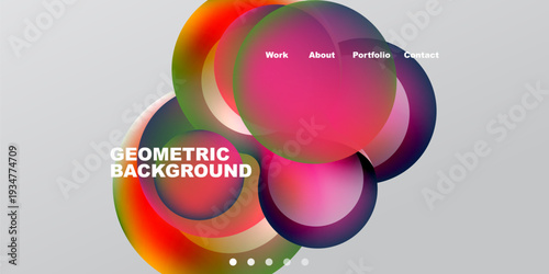 Abstract colorful shapes overlap. Gradient hues create dynamic visual effect. Text labels present website navigation options. Minimalist design.