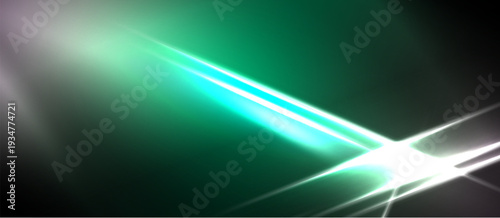Abstract light streaks, vibrant green hues dominate. Bright flare creates dynamic visual impact. Dark background emphasizes luminosity.