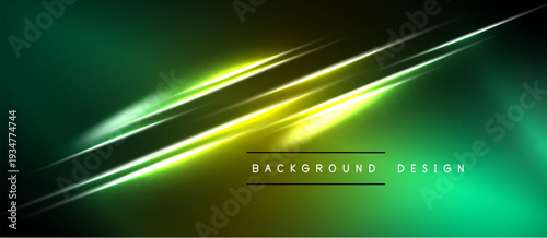 Abstract background features vibrant green, yellow neon lines. Modern design evokes energy, dynamism, sleekness. Minimalist aesthetic.