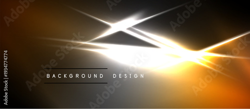 Abstract design features bright light streaks, gradients. Dark background contrasts with vibrant orange, white hues. Modern, dynamic visual.