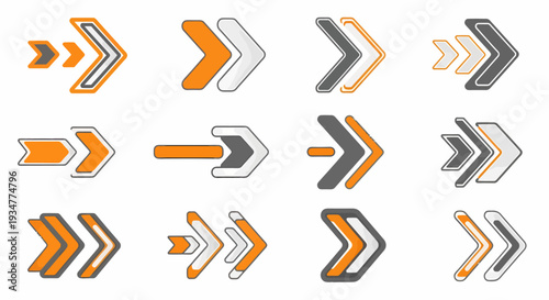 A collection of twelve stylized arrow icons in various designs and color combinations of orange, grey, and white, all pointing to the right, Vector Illustration.