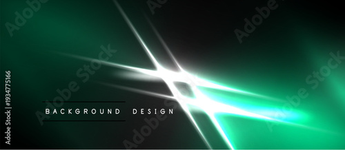 Dark green abstract background. Bright white light streaks intersect, creating dynamic visual effect. Text reads background design.