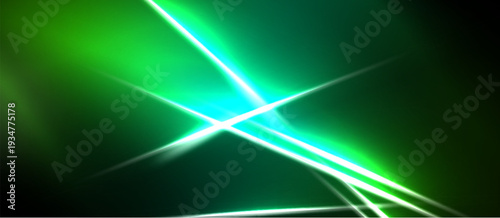 Bright green light streaks radiate from central point. Dark background creates dramatic contrast, vibrant energy.