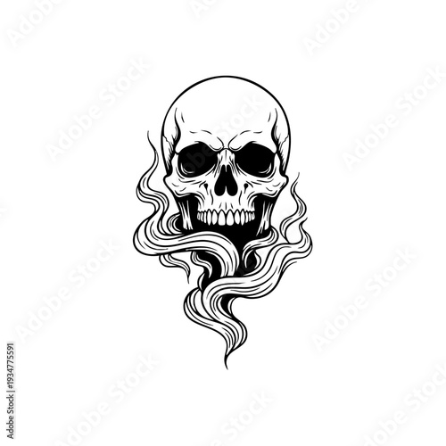 Black and white illustration of a human skull with smoke.