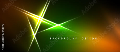Abstract neon lights create vibrant green, orange glow. Diagonal lines intersect forming bright central point. Dark background enhances luminosity.