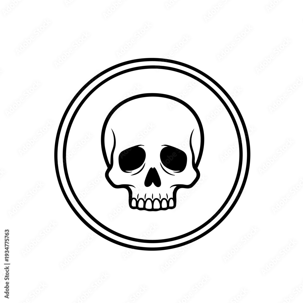 Fototapeta premium Simple black and white skull illustration within a circular frame.
