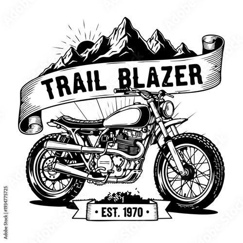 Vintage style black and white illustration of a motorcycle with mountains and banner.