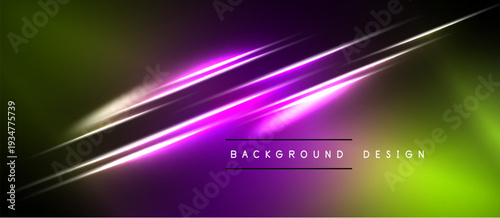 Abstract background features vibrant neon lines, gradients. Dark areas contrast bright purple, green hues. Modern design element.