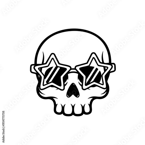 Stylized black and white skull with star-shaped sunglasses.