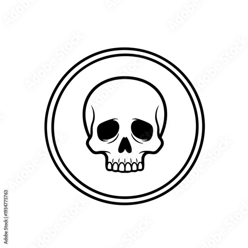Simple black and white skull illustration within a circular frame.