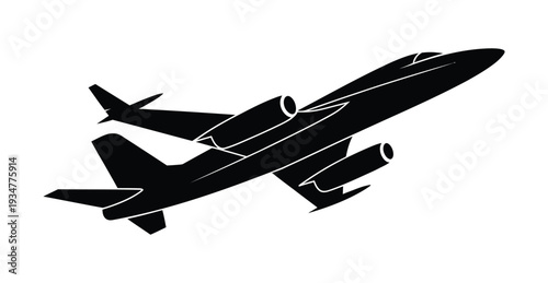 Sleek black silhouette vector illustration of a modern private jet or business airplane taking off, isolated on a clean white background, ideal for aviation, travel, or luxury transport designs.