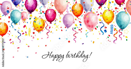 Watercolor balloons background. Happy Birthday. Hand drawn. Not AI, vector illustration