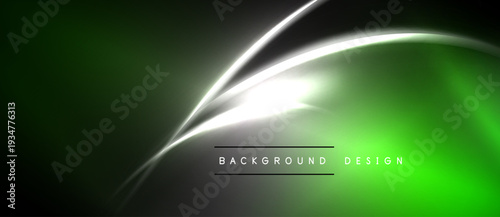 Abstract green background features dynamic silver curves. Bright light emanates from central focal point, creating modern design.