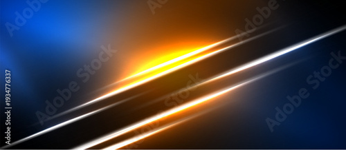 Abstract design features bright lines, orange glow, blue hues. Dynamic composition suggests speed, energy, modern aesthetic.