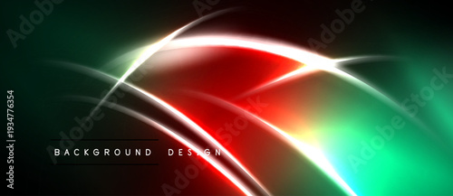 Abstract neon lights create dynamic red, green glow. Smooth curves intersect dark background. Modern design element.