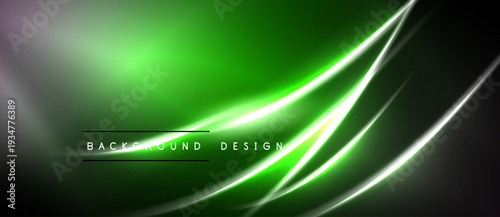 Abstract neon lines create vibrant green background. Smooth curves suggest motion, energy, modern design elements. Dark areas emphasize luminosity.