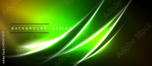 Abstract neon background features vibrant green, yellow gradients. Smooth curves create dynamic visual effect. Dark borders frame design.