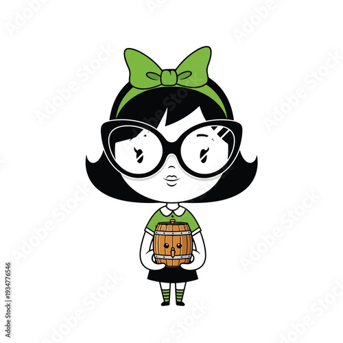 Charming Retro Cartoon Girl Holding a Cute Wooden Barrel, Whimsical Vector Illustration