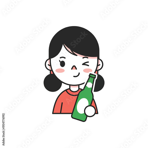 Cheerful young woman winking and holding a green bottle, a friendly vector illustration.