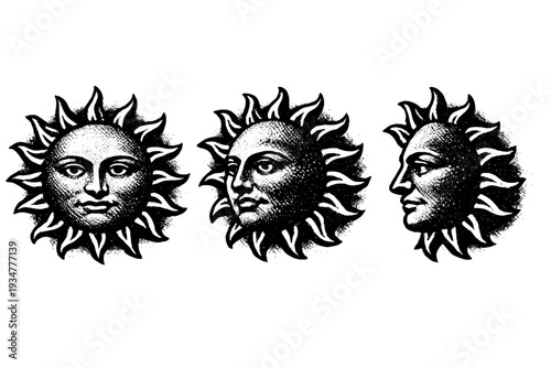 Vintage sun faces in different perspectives, black and white illustration