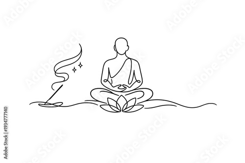 Minimalist line art of a meditating monk with incense and lotus flower, symbolizing peace