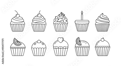 Collection of diverse line art cupcakes with various toppings and decorations