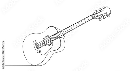 Minimalist single line drawing of an acoustic guitar on a white background