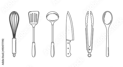 Collection of essential kitchen utensils in a clean line art style on a white background